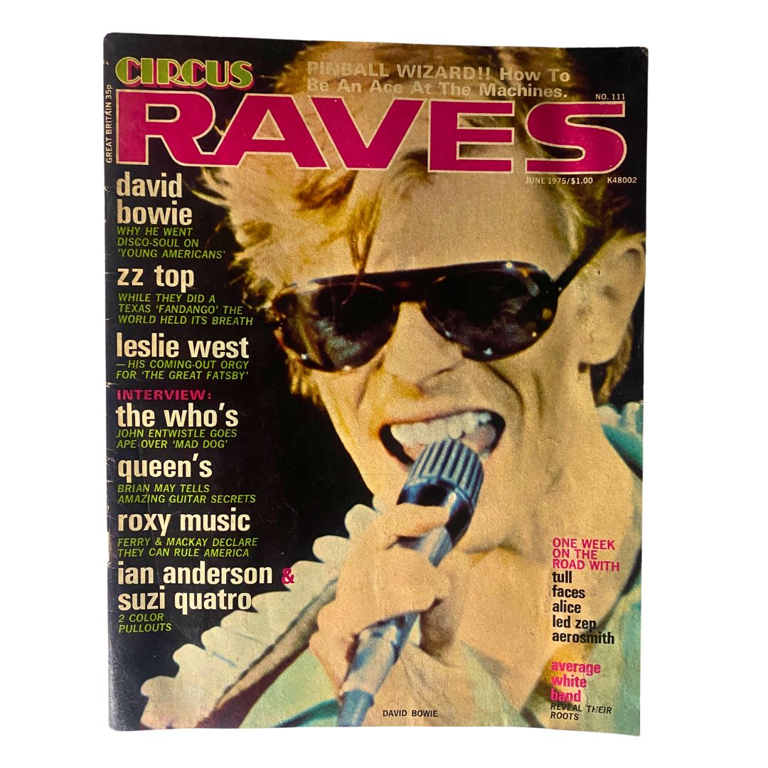 Cover of VTG Circus Rave Magazine June 1975 No. 111 featuring David Bowie and ZZ Top, with bold headlines and vibrant colors.