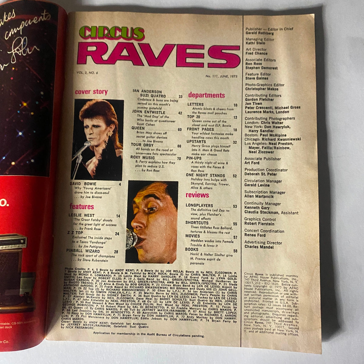 Interior page of VTG Circus Rave Magazine June 1975 No. 111, showcasing the contents including features on David Bowie and ZZ Top.