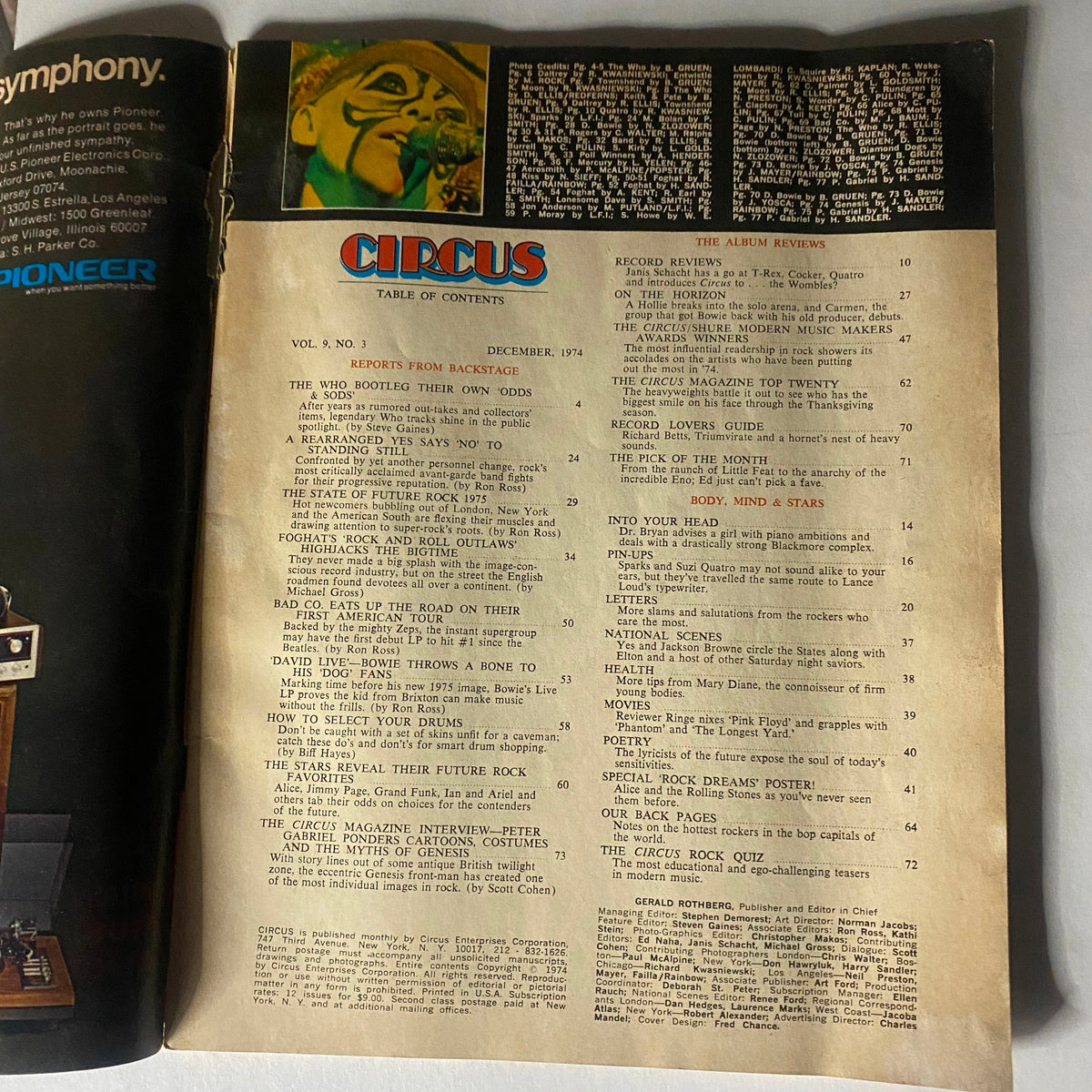 Vintage Circus Magazine December 1974 Vol 9 No. 3 David Bowie, Mott Alice No Label