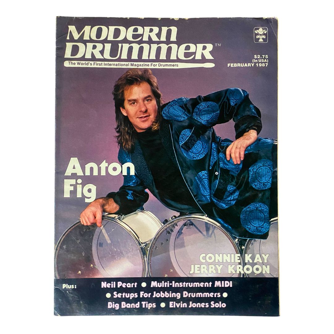 Cover of Modern Drummer Magazine, February 1987, Vol 11 No. 2 featuring Anton Fig. The magazine highlights drumming culture with articles and insights from the era, displaying Anton Fig on the cover.