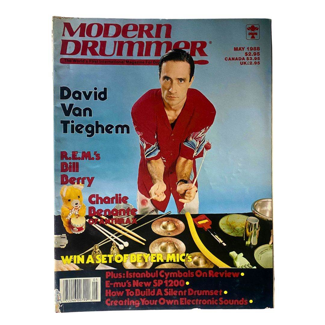 Cover of Modern Drummer magazine, May 1988 edition, featuring David Van Tieghem in a red shirt, surrounded by drums and percussion instruments. This issue is Volume 12 No. 5.