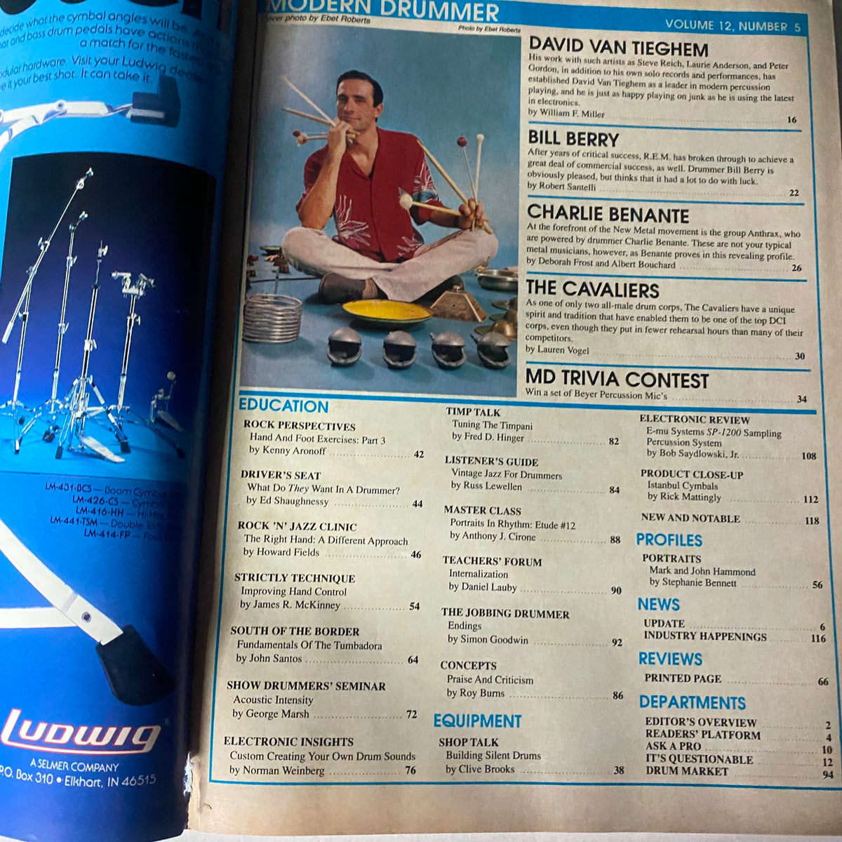Inside page of Modern Drummer magazine, May 1988 edition, showcasing an article about David Van Tieghem along with an overview of other featured drummers and educational articles. This edition is Volume 12 No. 5.