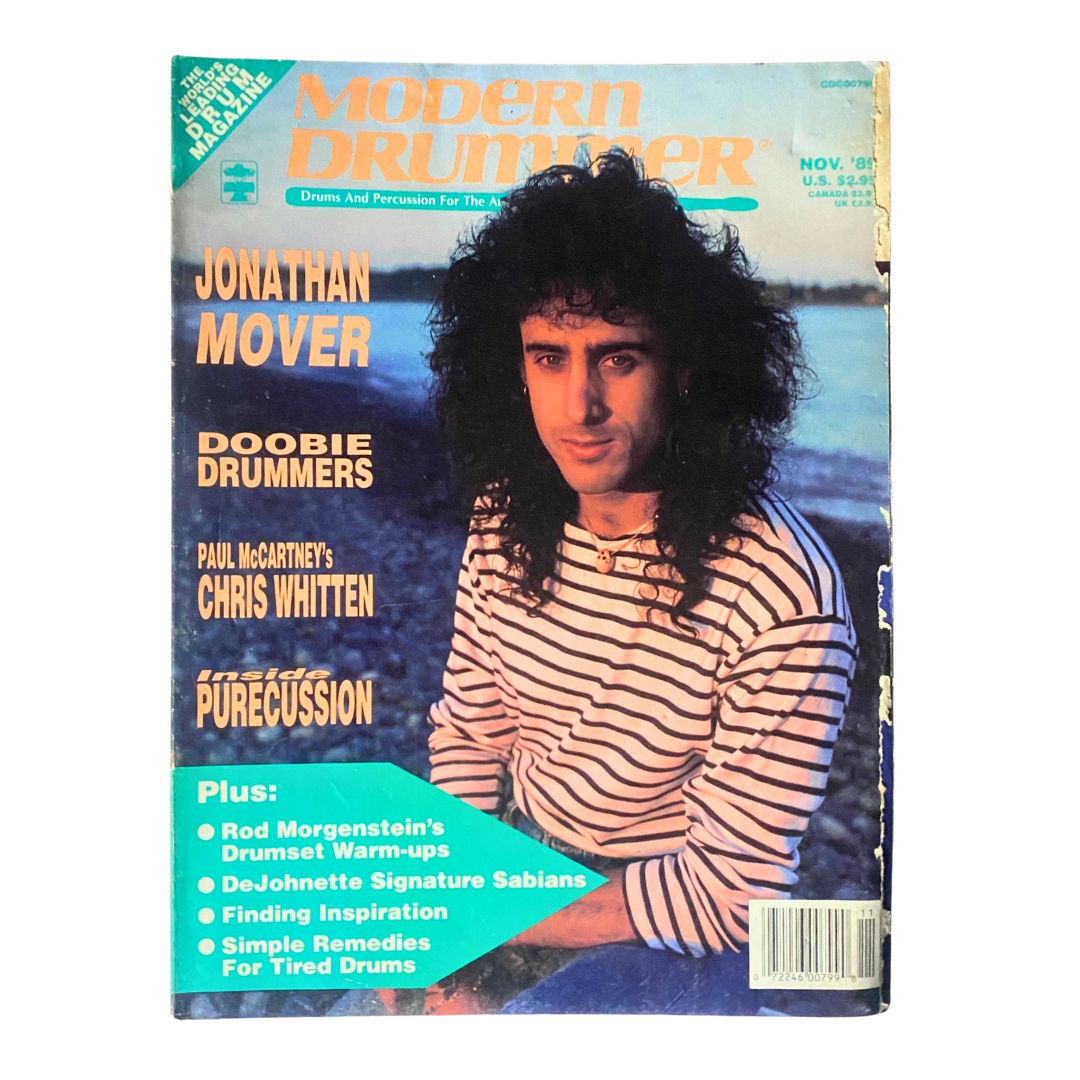 November 1989 issue of Modern Drummer magazine featuring Jonathan Mover on the cover, highlighting drumming insights and techniques from the late 1980s.