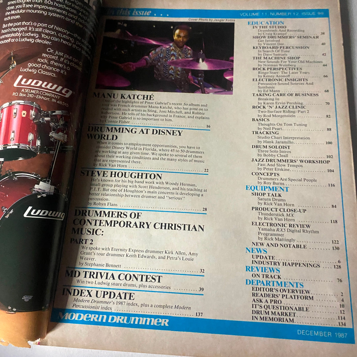 Inside page of VTG Modern Drummer Magazine December 1987, highlighting featured articles including Manu Katche and Drumming at Disney World, with an index of topics covered.