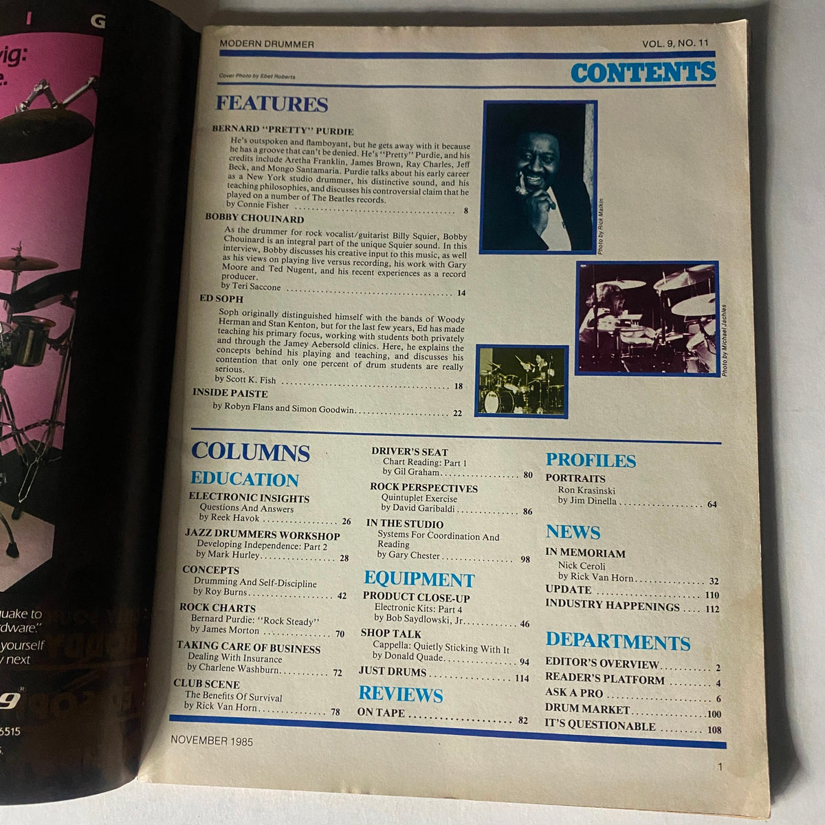 Table of contents page from 'VTG Modern Drummer Magazine November 1985 Vol 9 No. 11', highlighting features including Bernard Purdie's profile and other valuable drumming insights.