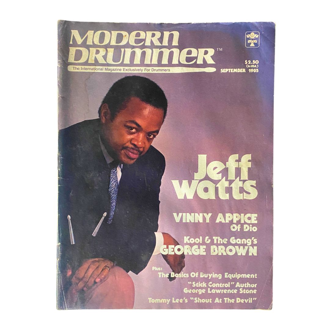 Cover of Modern Drummer Magazine September 1985, Volume 9, Number 9 featuring Jeff Watts. Highlights include articles on Vinny Appice of Dio and George Brown of Kool & The Gang.
