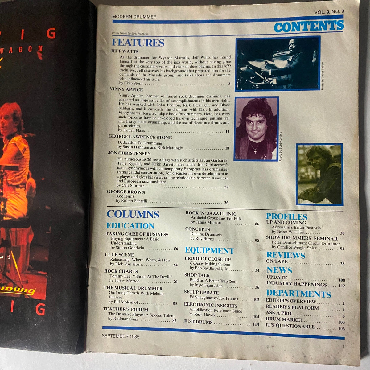 Contents page of Modern Drummer Magazine September 1985, Volume 9, Number 9. Features articles on drumming techniques, profiles of Jeff Watts, Vinny Appice, and George Lawrence Stone.