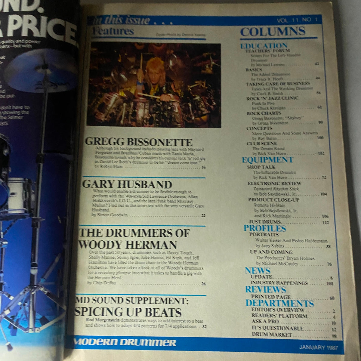 Interior page from VTG Modern Drummer Magazine January 1987, displaying features on Greg Bissonette, Gary Husband, and articles related to drumming.