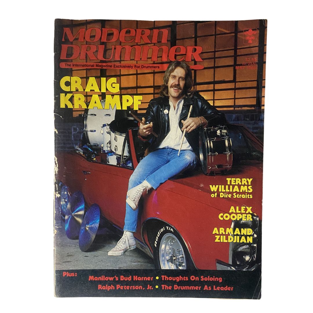 Cover of VTG Modern Drummer Magazine May 1986 Vol 10 No. 5 featuring Craig Krampf, showcasing the iconic design and highlights of featured drummers including Terry Williams and Armand Zildjian.