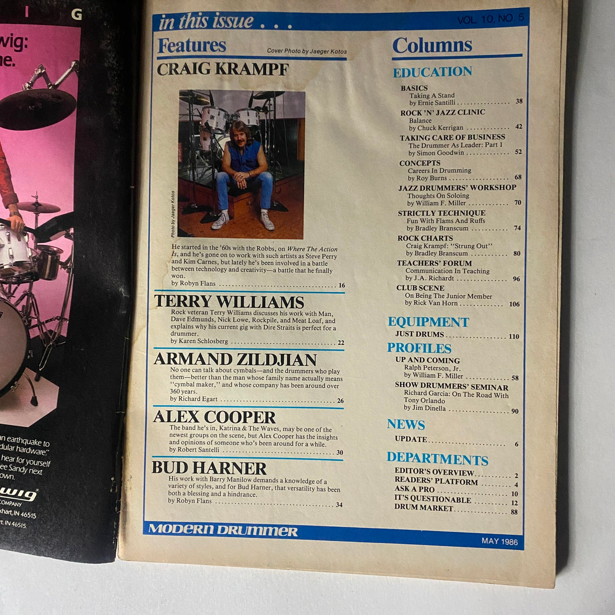 Inside page of VTG Modern Drummer Magazine May 1986 Vol 10 No. 5, listing features and columns, including an article on Craig Krampf, with content focused on drumming education and notable drummers of the time.