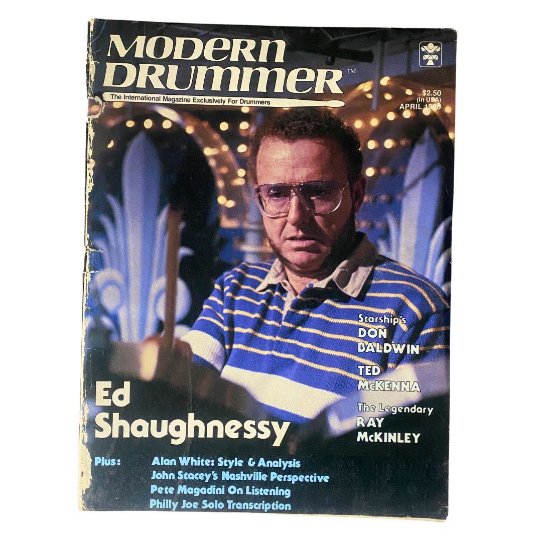 Cover of Modern Drummer magazine April 1986 featuring Ed Shaughnessy, showcasing his portrait and highlights of drumming content.
