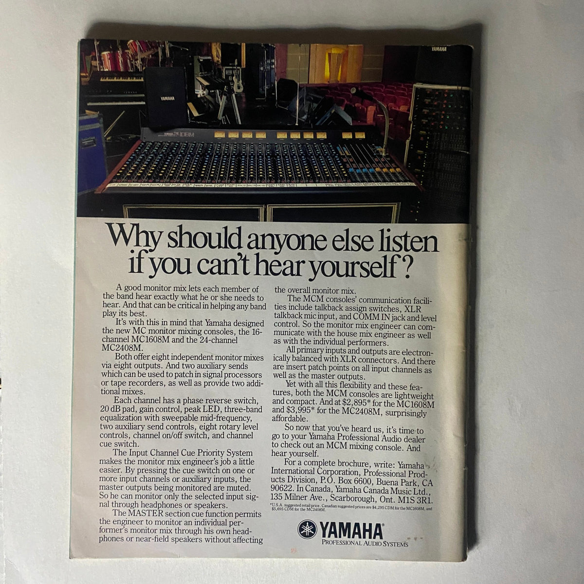 Back cover of Musician Magazine July 1986, showcasing an advertisement for Yamaha professional audio systems. The magazine is a valuable collectible from the music history of the 1980s.