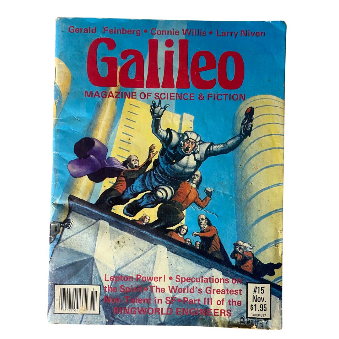 Galileo Magazine of Science & Fiction, November 1979 #15 featuring a colorful cover illustration with futuristic scenes, notable contributions from Larry Niven, and highlights like 'Lepton Power' and 'The World's Greatest Non-Talent in SF.'