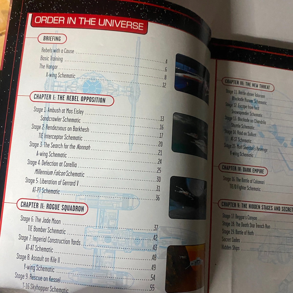 Table of contents from the Nintendo Power Magazine 1998 Star Wars Rogue Squadron Guide, highlighting chapters and stages of the game.