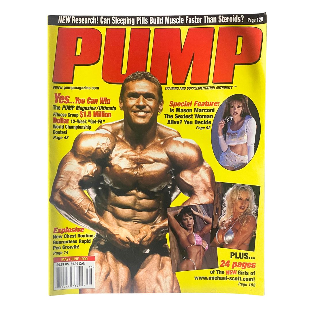 Pump Magazine May June 1999 featuring Mason Marconi on the cover, showcasing fitness and bodybuilding content with a vibrant yellow background.