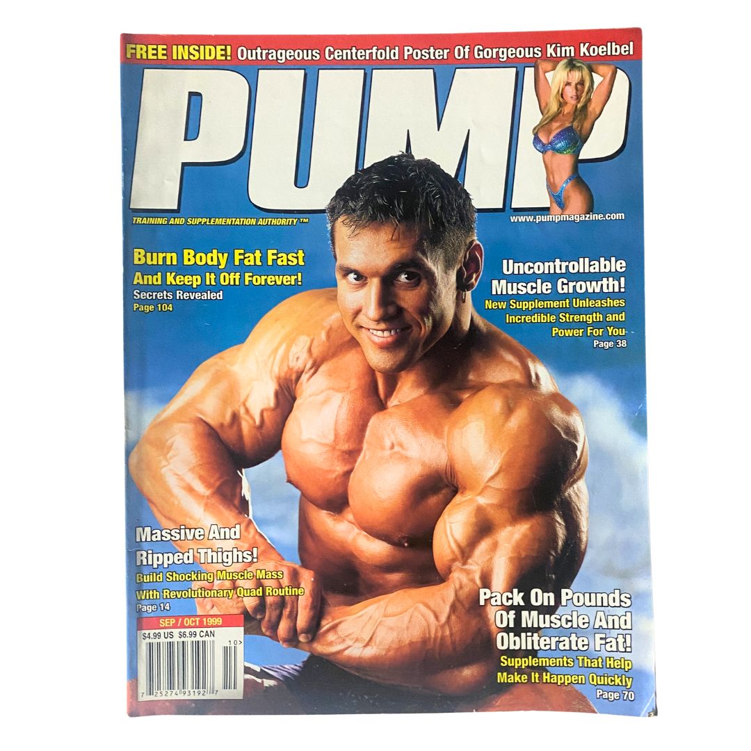 Cover of Pump Magazine September October 1999 featuring a muscular man and a centerfold of Kim Koelbel, highlighting fitness tips and bodybuilding insights.