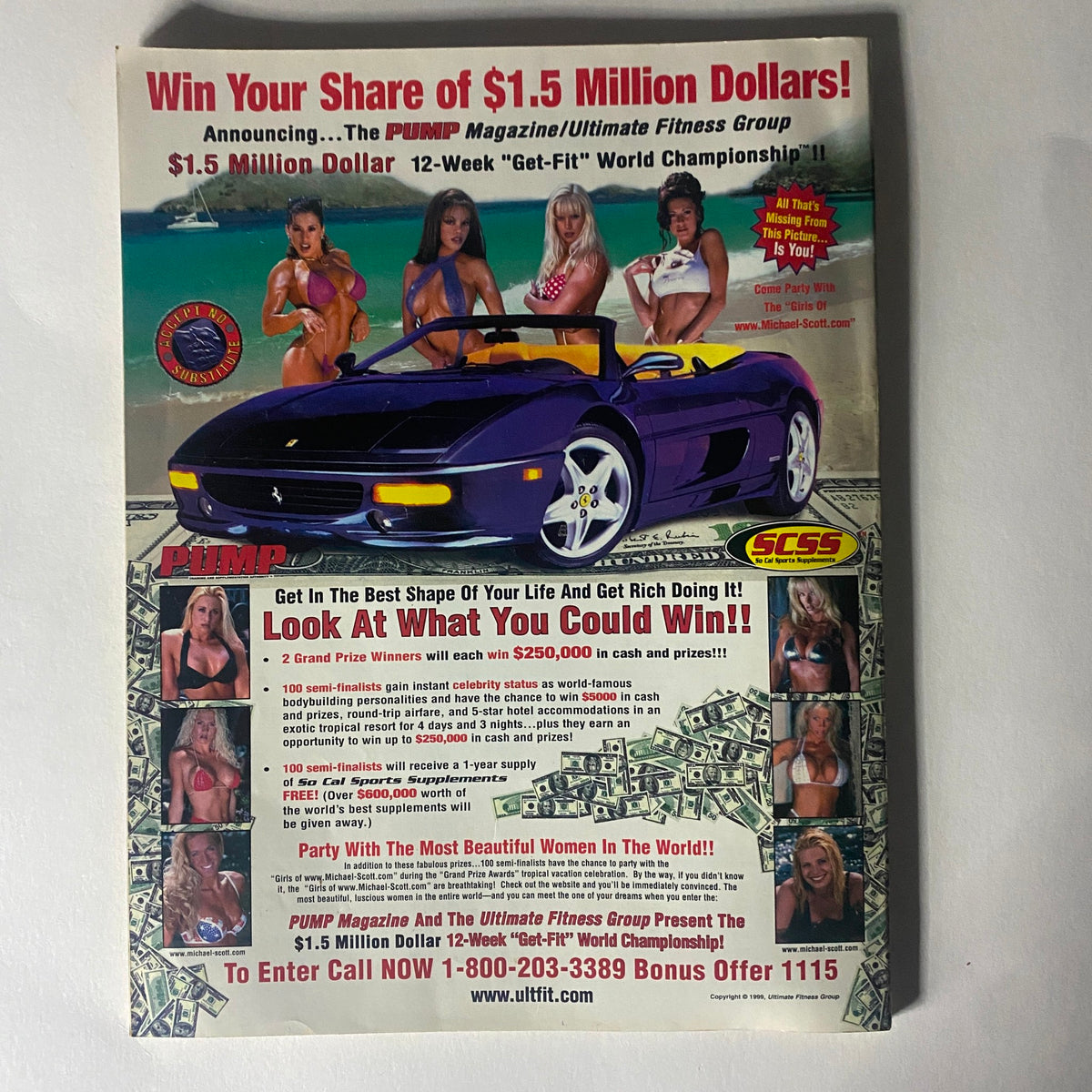 Back cover of Pump Magazine September-October 1999 featuring a promotional advertisement for the Pump Magazine Ultimate Fitness Group competition, showcasing a purple car, bikini models, and details about cash prizes. This vibrant design reflects the fitness culture of the late 90s.