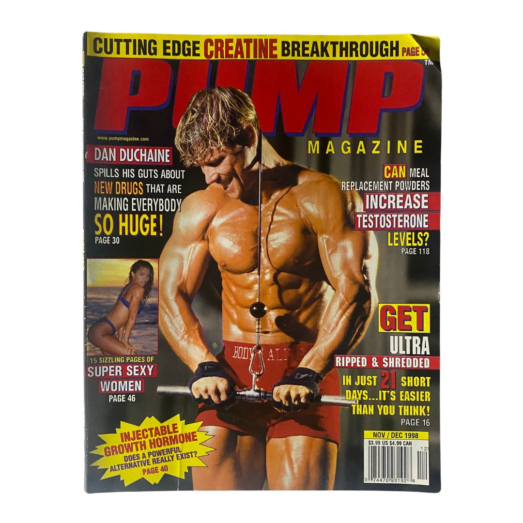 Pump Magazine November December 1998 cover featuring a muscular man lifting weights and an article about increasing testosterone levels, showcasing 1990s fitness culture.