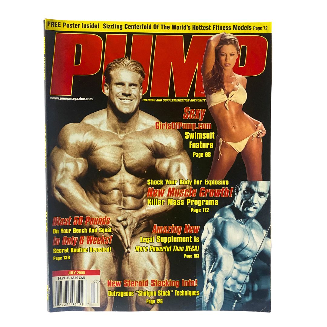 Cover of Pump Magazine July 2000 featuring fitness icon Jay Cutler with a vibrant design and swimsuit feature.