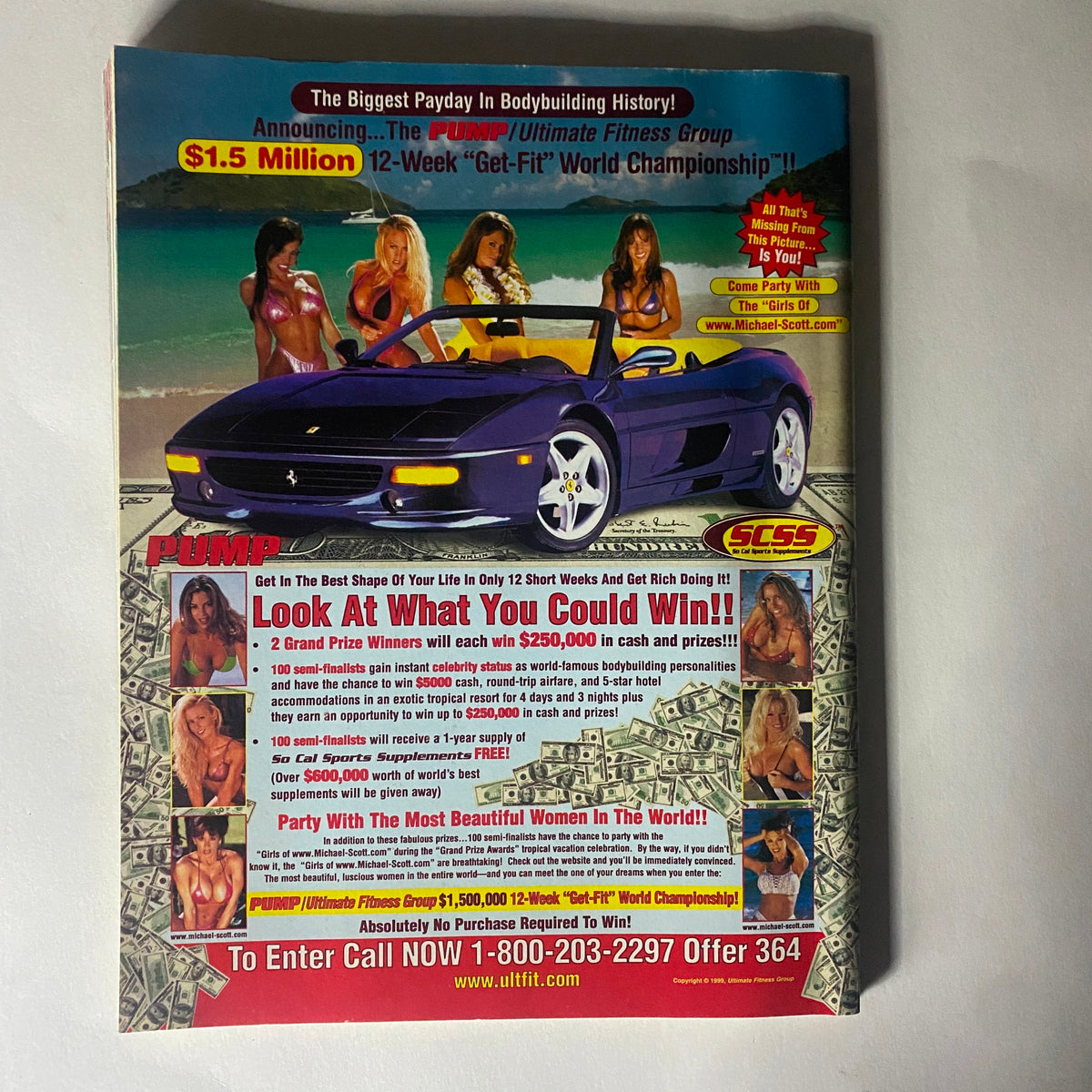 Back cover of Pump Magazine March-April 1999 showcasing promotional content for a bodybuilding competition and prizes. It features images of women and a sports car, emphasizing the fitness community's lifestyle.