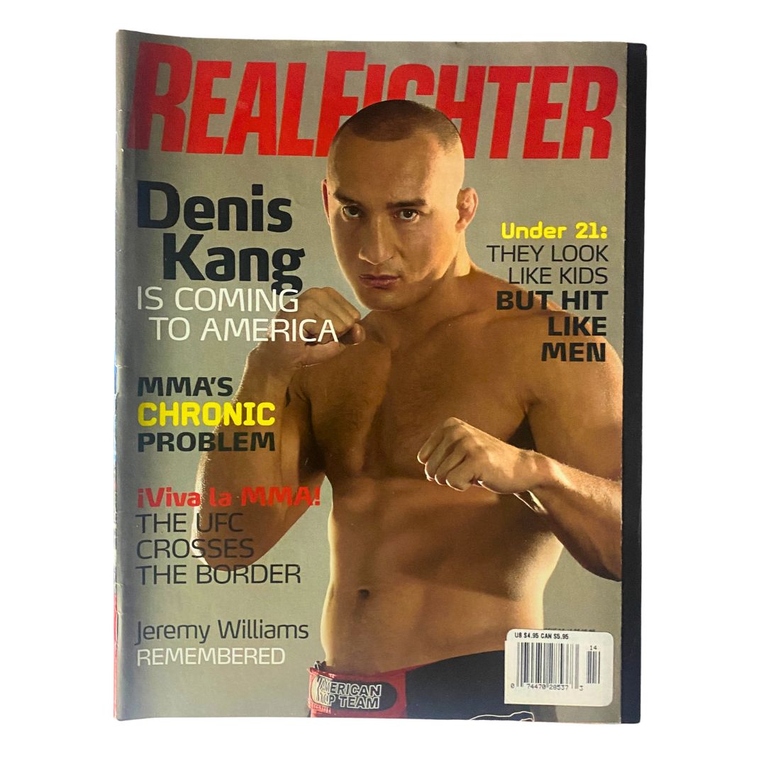 Real Fighter Magazine 2007 Issue 14 featuring Denis Kang on the cover, showcasing his athletic prowess in mixed martial arts with a bold headline about his move to America.