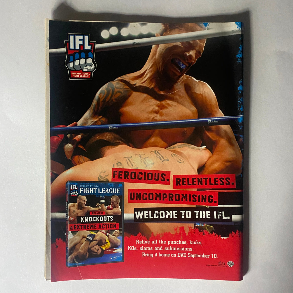 The back cover of Real Fighter Magazine 2007 Issue 14, featuring an advertisement for the IFL, promoting the excitement of knockouts and extreme action in mixed martial arts.