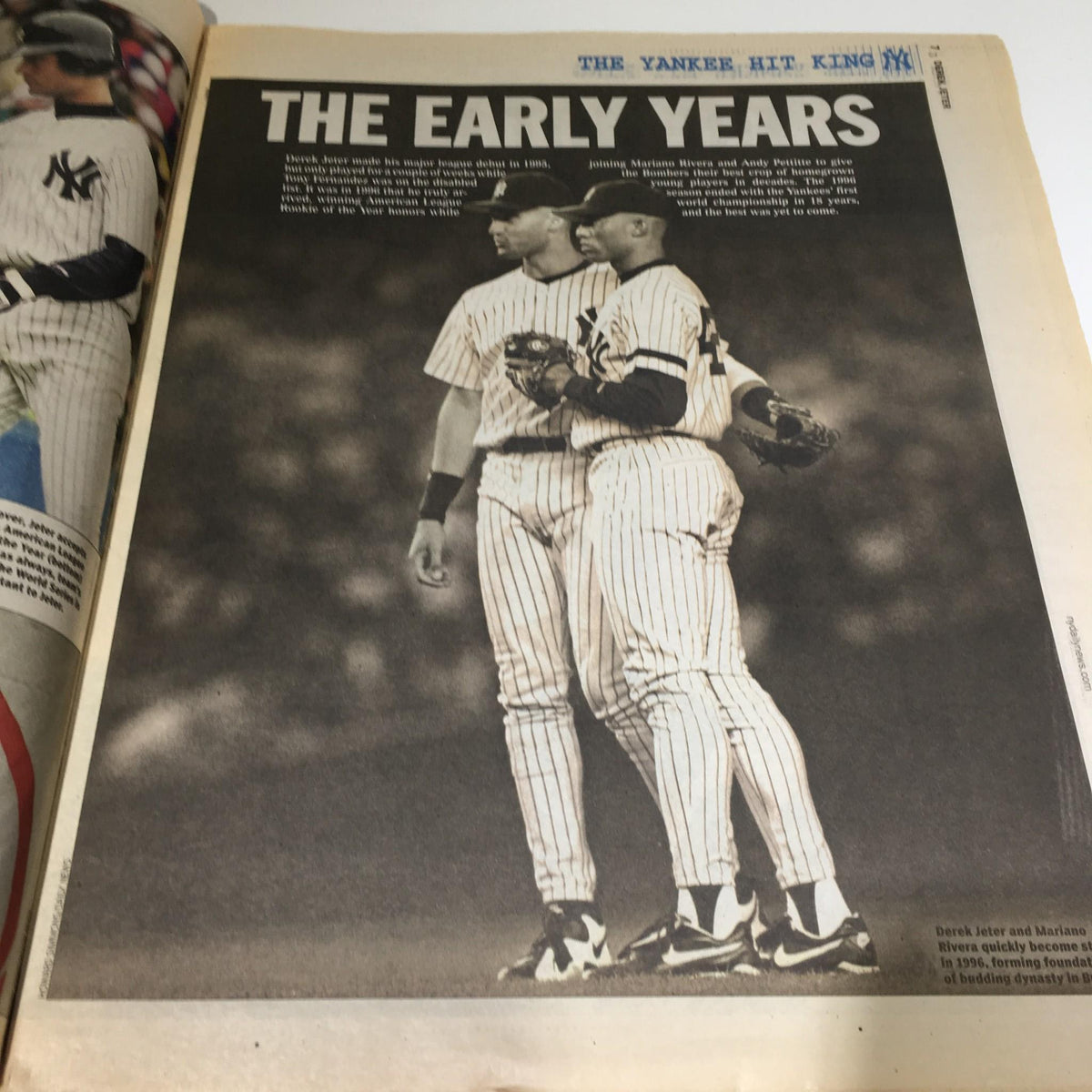 Image from NY Daily News titled 'The King, The Hit, Hot Bat, Early Years Derek Jeter', showcasing Derek Jeter and Mackie Sasser in their early years as New York Yankees players on the field.