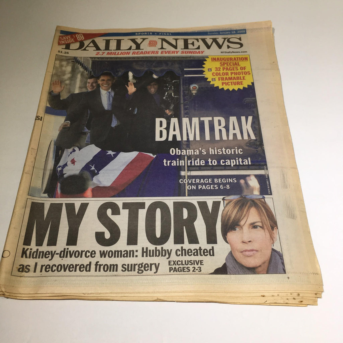 Front page of the New York Daily News, dated January 18, 2009, showcasing Bamtrak and Obama's historic train ride to the capital.