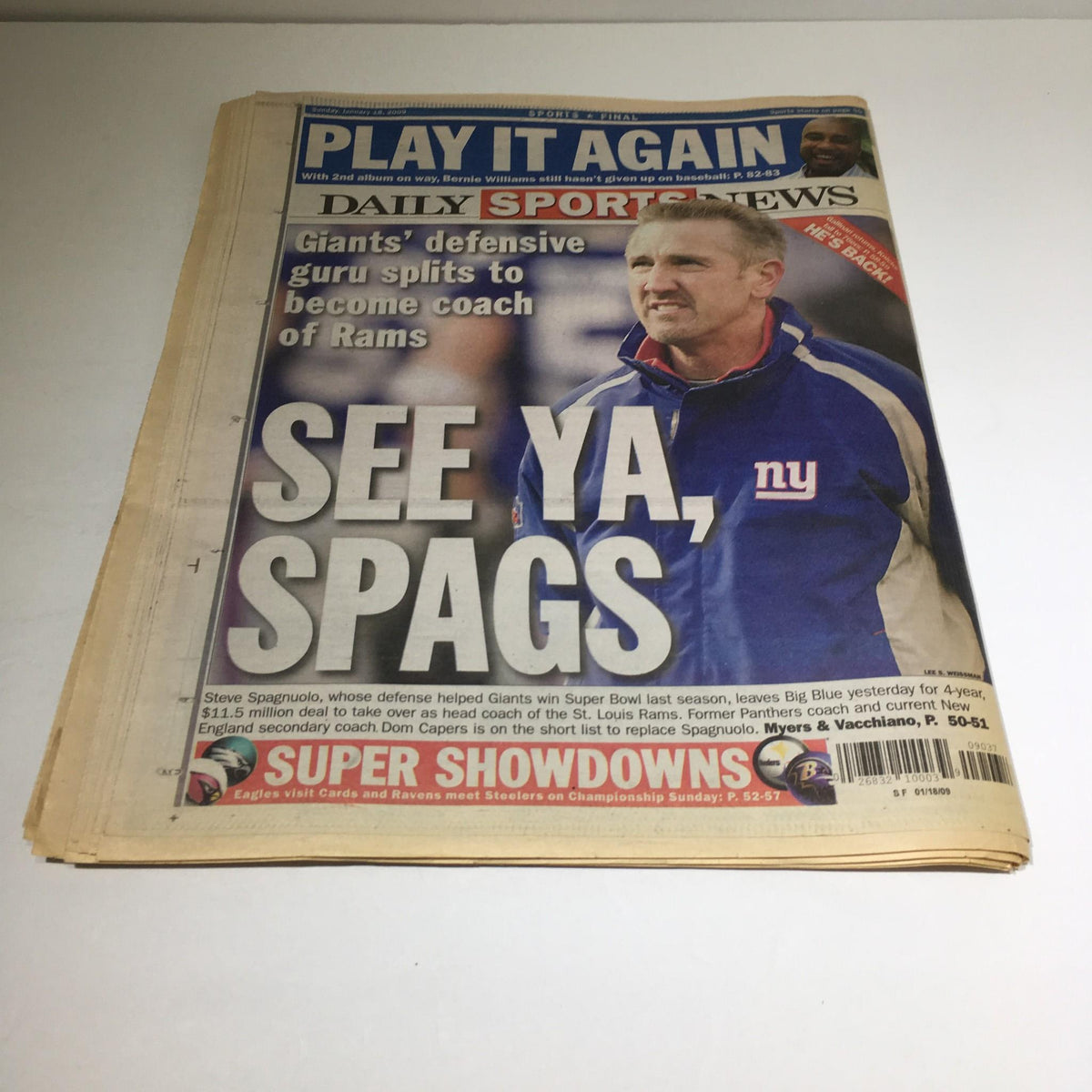 Another front page of the New York Daily News highlighting sports news, including an announcement that Giants' coach Steve Spagnuolo departs, dated January 18, 2009.