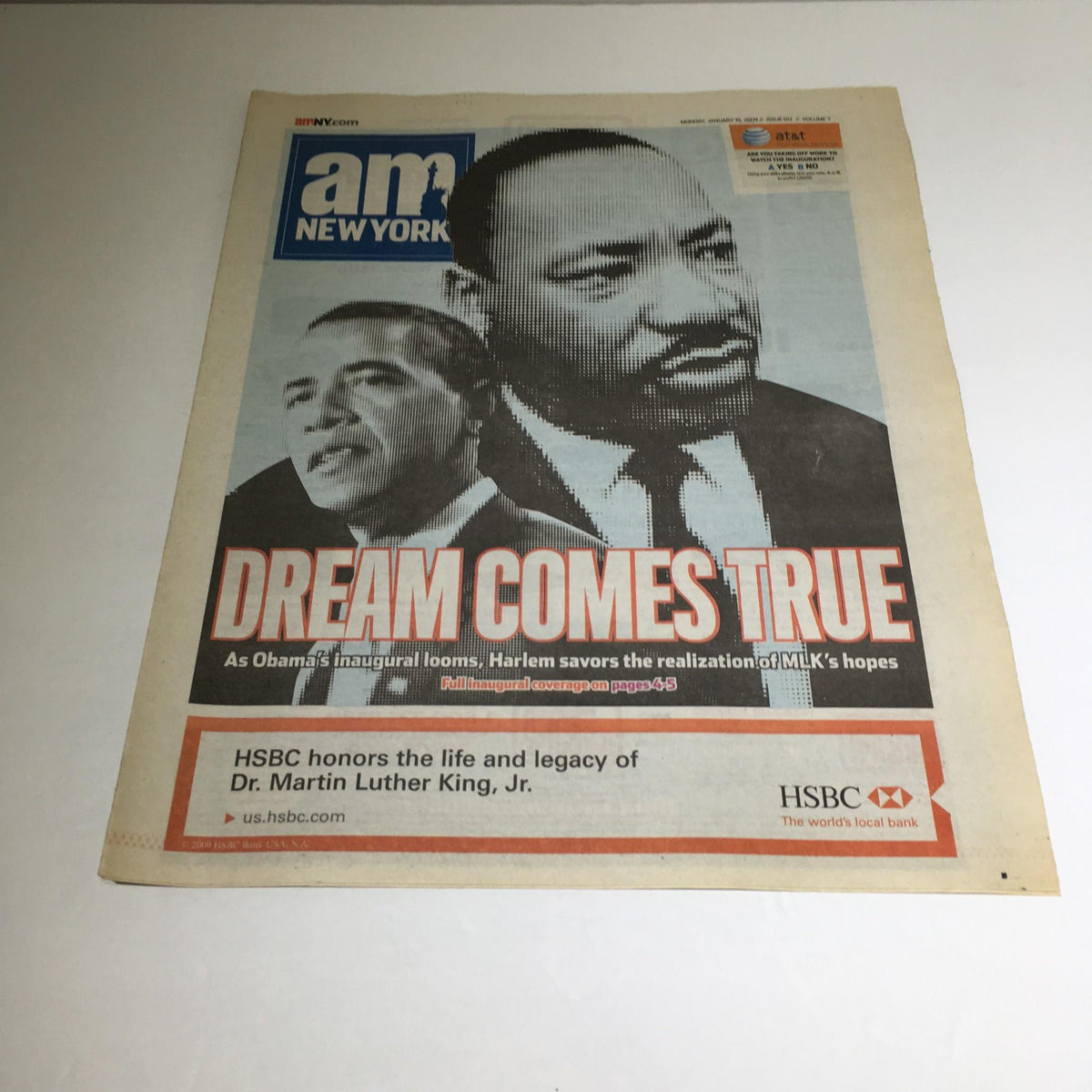 AM New York newspaper, dated January 19, 2009, featuring the title 'Dream Comes True' with images of Barack Obama and Martin Luther King Jr. highlighting important historical significance.