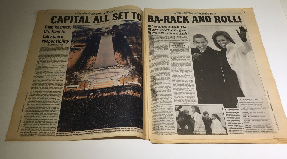 Inside pages of NY Daily News from January 19, 2009, showcasing coverage of President Obama's inauguration with the title 'CAPITAL ALL SET TO'.