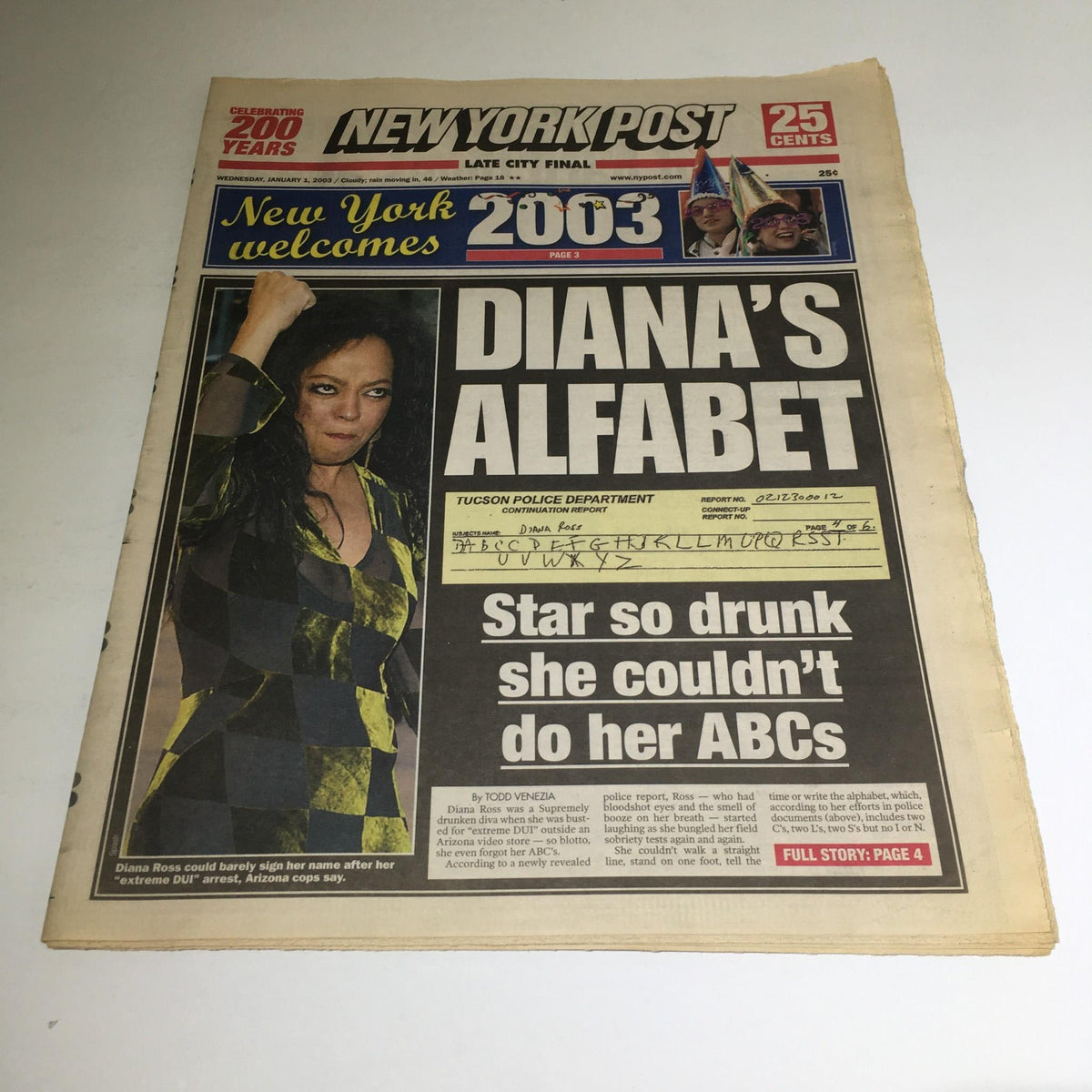 New York Post newspaper from January 1, 2003, featuring headline 'Diana's Alfabet: Star so drunk she couldn't do her ABCs,' showcasing an image of Diana Ross.