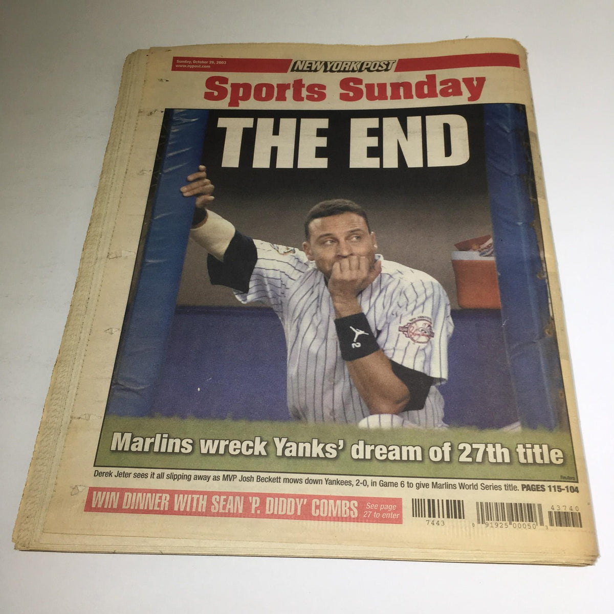 New York Post cover from October 26, 2003, featuring the headline 'THE END' with a photo of a player, highlighting the Marlins wrecking the Yankees' dream of a 27th title.