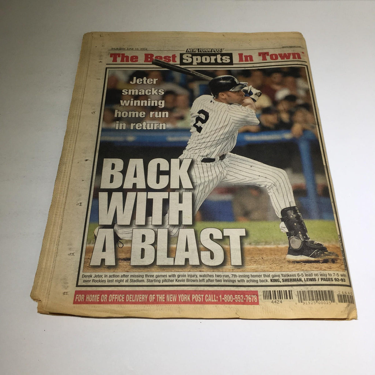 New York Post featuring sports news, headline 'Back with a Blast', showcasing Derek Jeter's impressive performance in his baseball return.