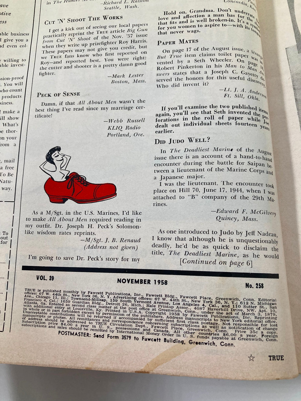 Interior page of TRUE The Man's Magazine November 1958 featuring articles and reviews, encapsulating the essence of 1950s men's culture and providing insight into historical perspectives.