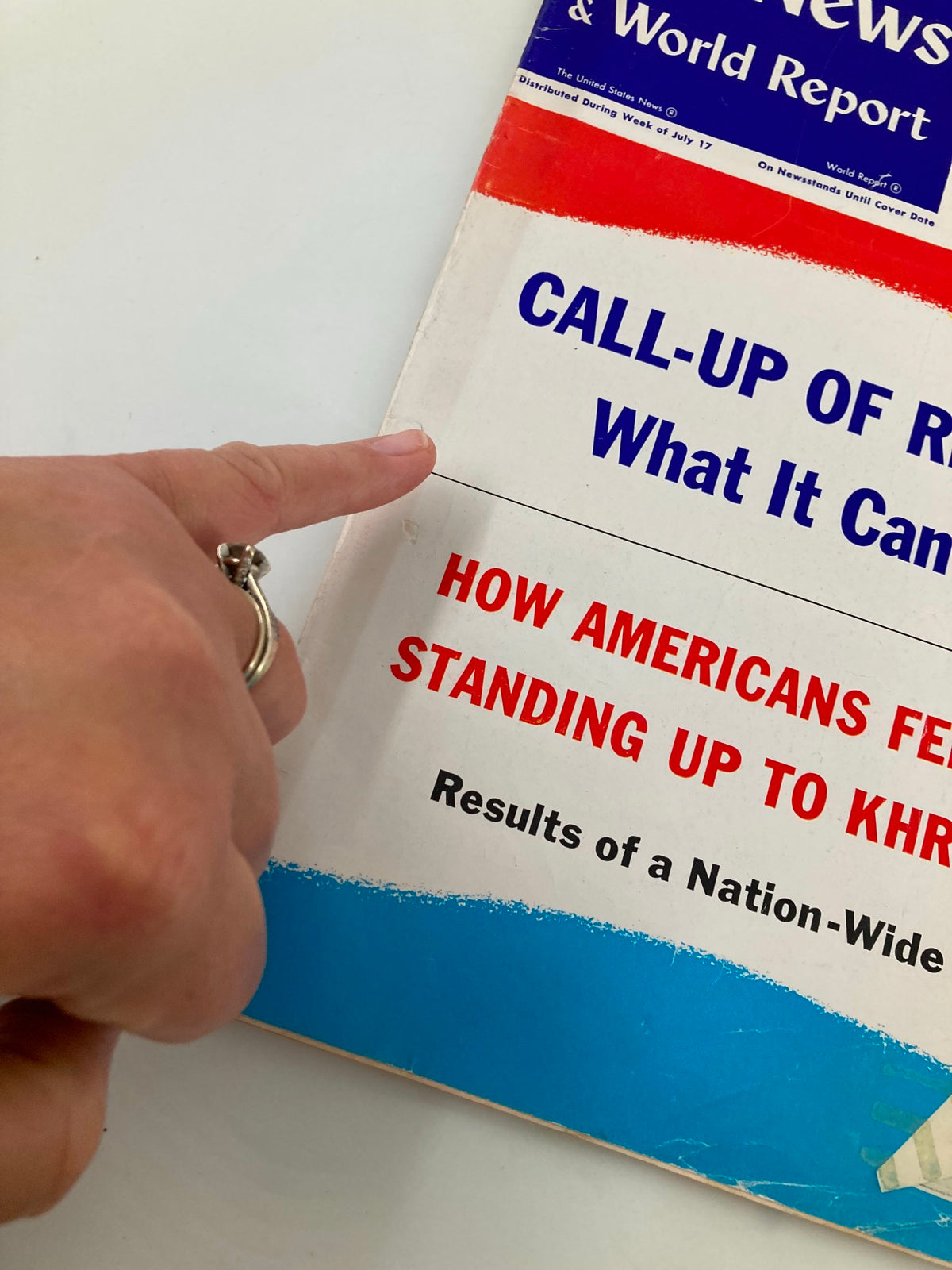 Close-up view of the US News & World Report Magazine July 24 1961 cover with a finger pointing at the title 'Call-Up of Reserves? What It Can Mean'. The image showcases details of the magazine's vintage condition with minor wear, emphasizing its collectible nature.