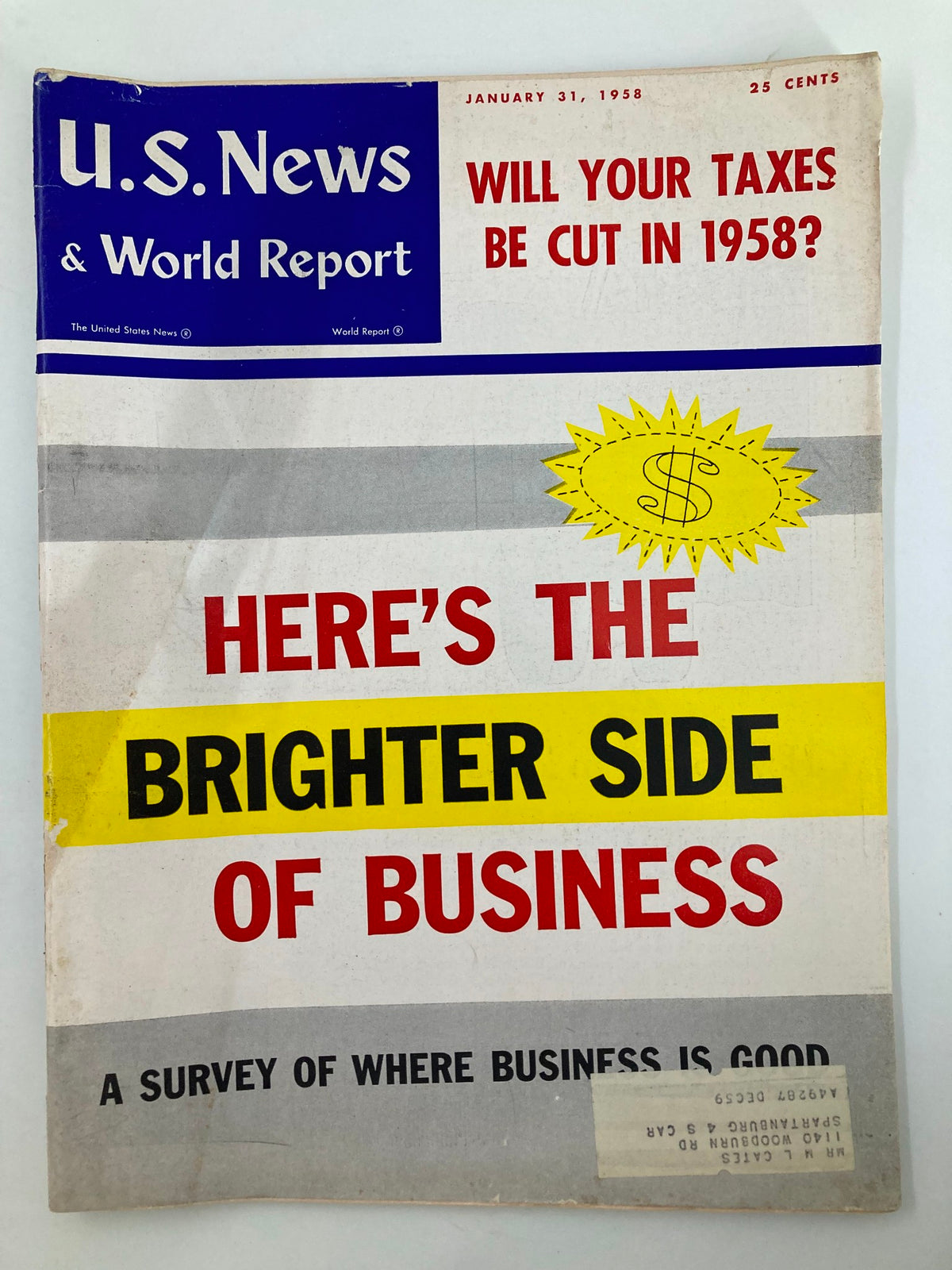 US News & World Report Magazine January 31 1958 cover featuring the title 'Will Your Taxes Be Cut in 1958?' along with the caption 'Here's the Brighter Side of Business' and a dollar sign graphic.