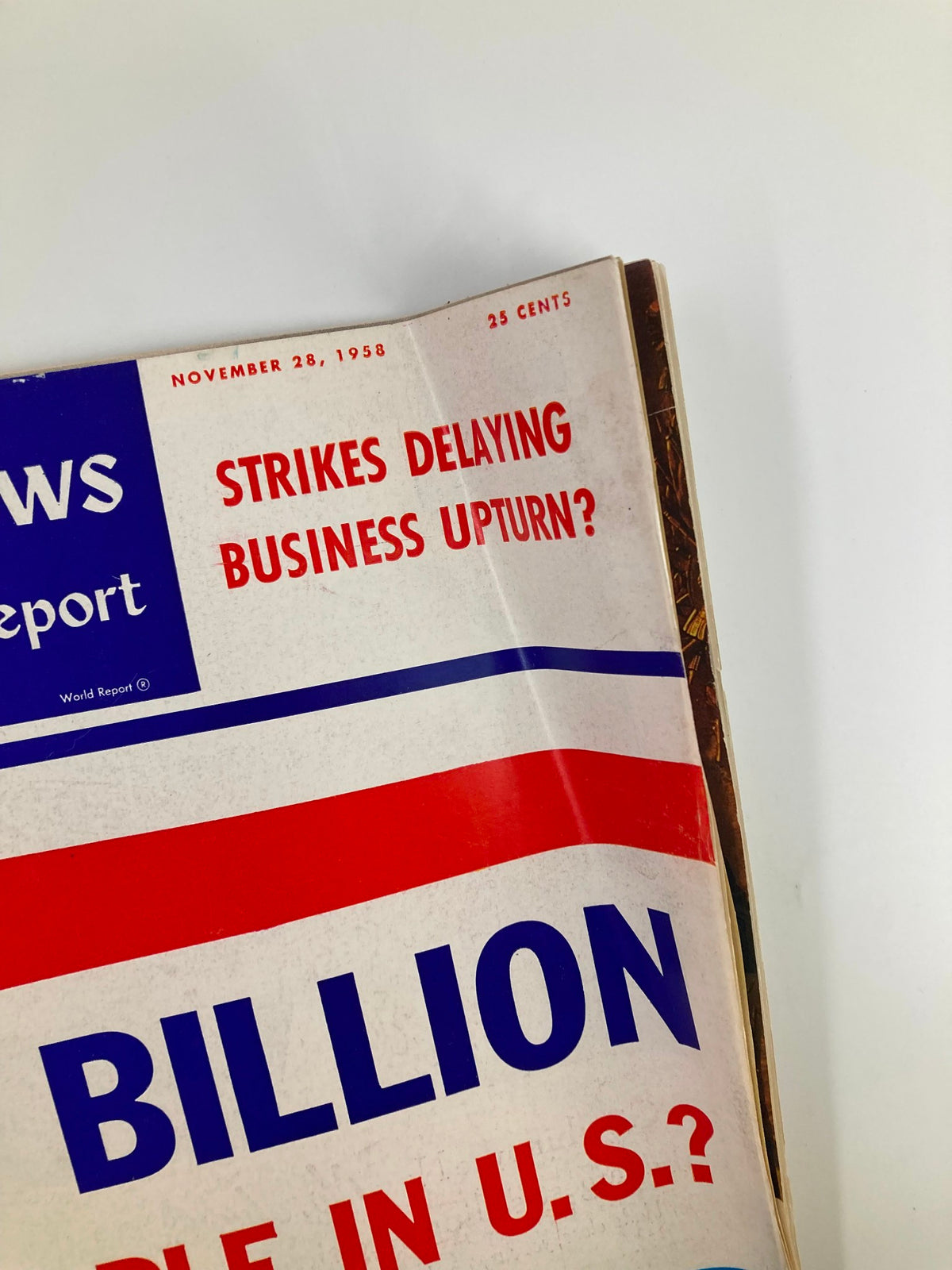 Close-up of the US News & World Report Magazine cover from November 28, 1958, highlighting the question 'Strikes Delaying Business Upturn?' alongside the main title 'A Billion People In U.S.?'