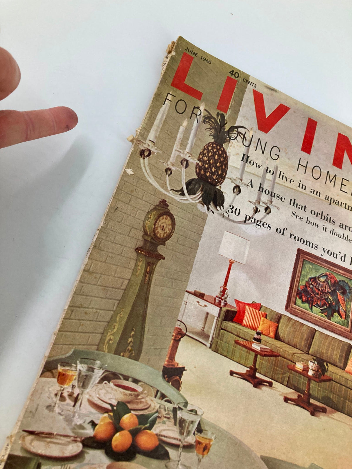 Close-up view of the VTG Living for Young Homemakers Magazine June 1960 cover showcasing vintage interior design and gardening advice.