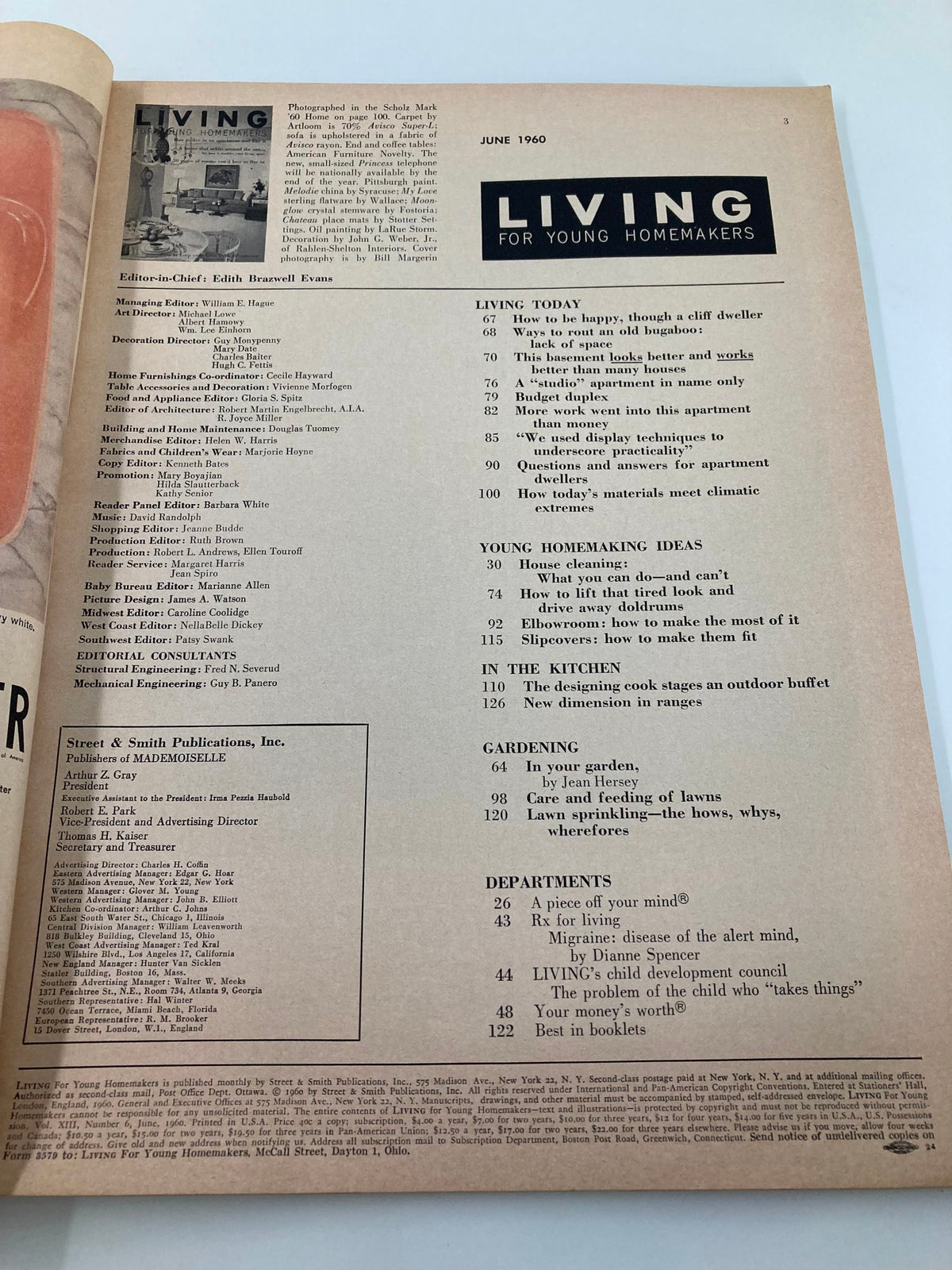 Page from VTG Living for Young Homemakers Magazine June 1960 showcasing contents and articles including lawn sprinkling, gardening tips, and homemaking ideas.