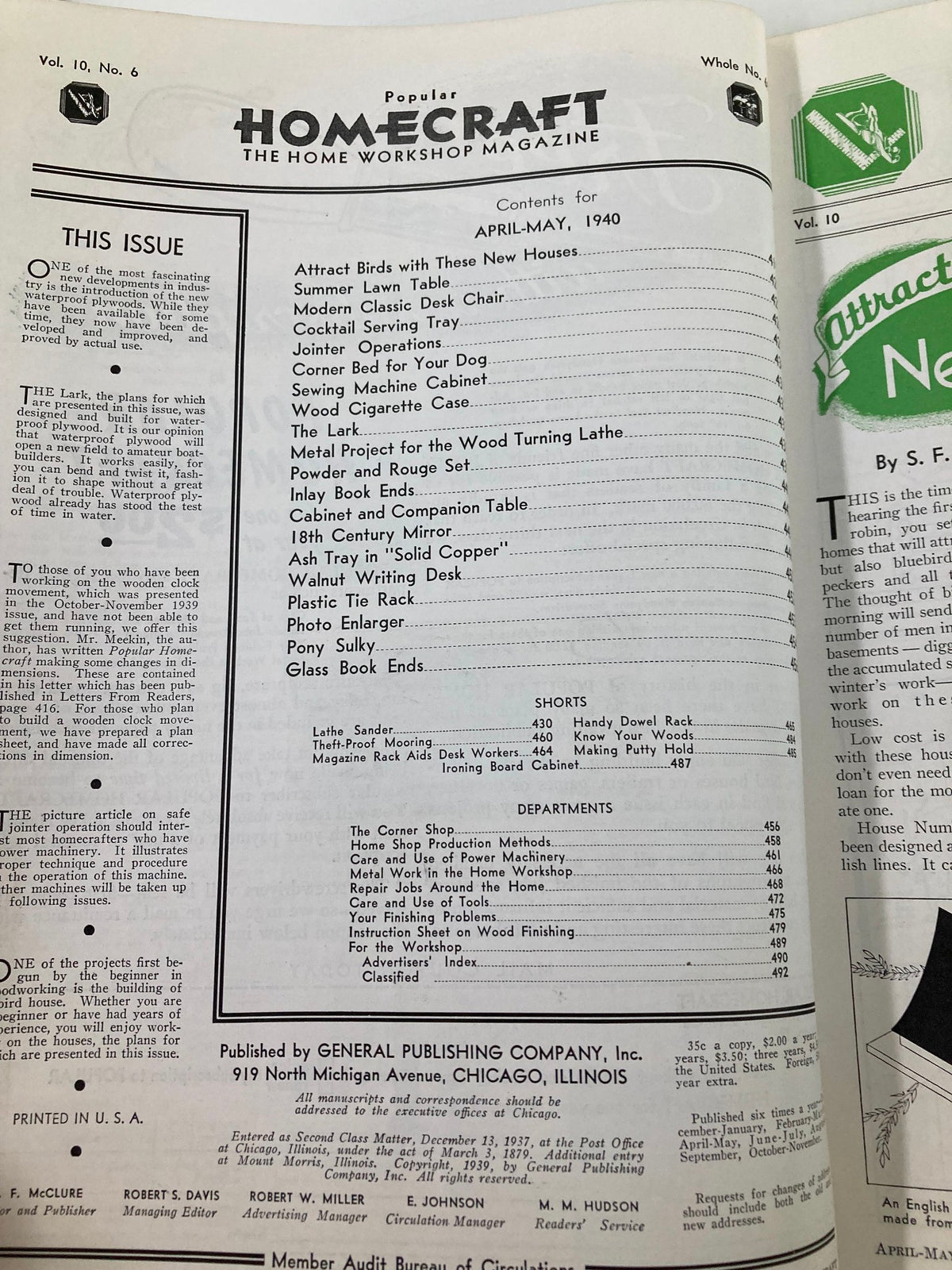 Interior page of VTG Popular Home Craft Magazine April 1940 displaying contents list, including articles on various home craft projects and woodworking.