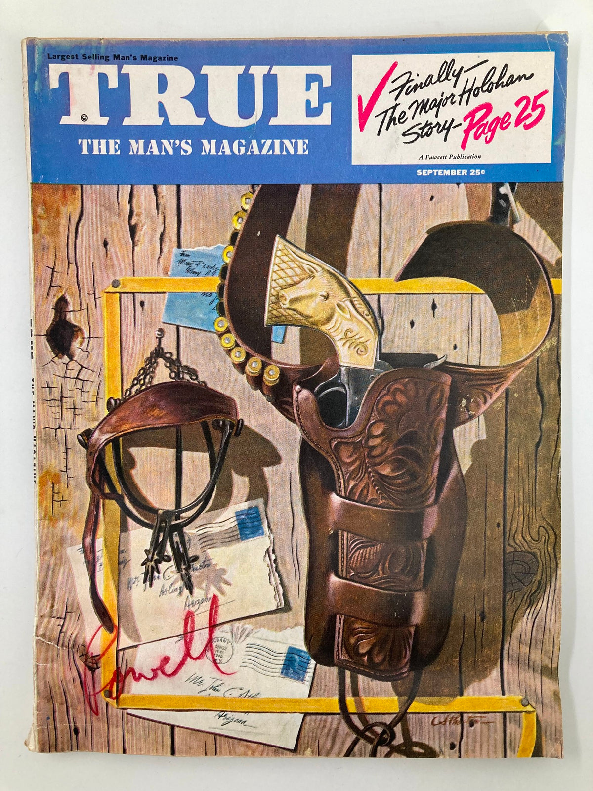 Cover of TRUE The Man's Magazine September 1951 featuring the Major Holohan Story, showcasing a vintage gun holster and letters on a wooden background.