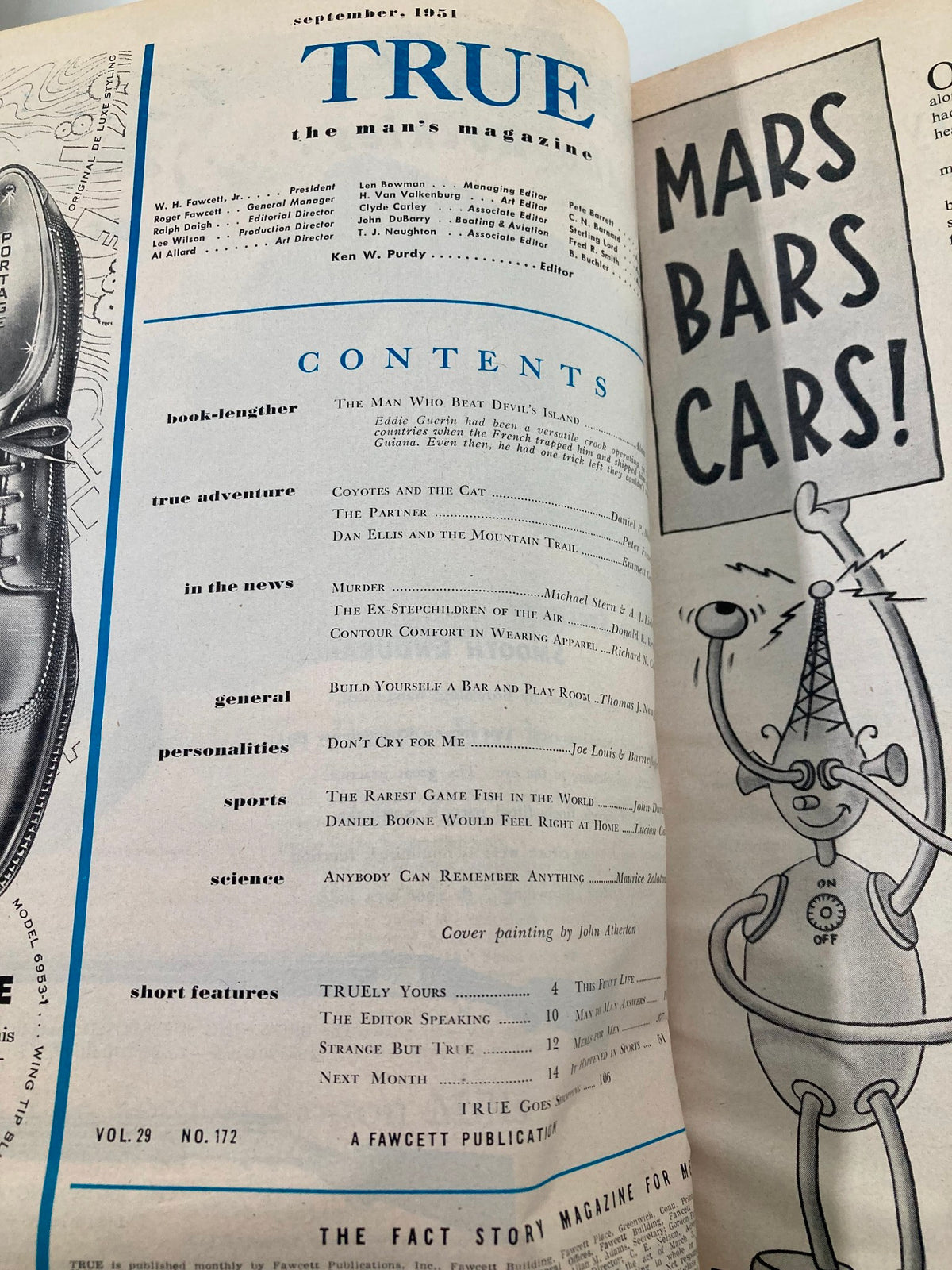 Contents page of TRUE The Man's Magazine September 1951 displaying various article titles, including adventure stories and personality features, along with classic 1950s magazine design elements.