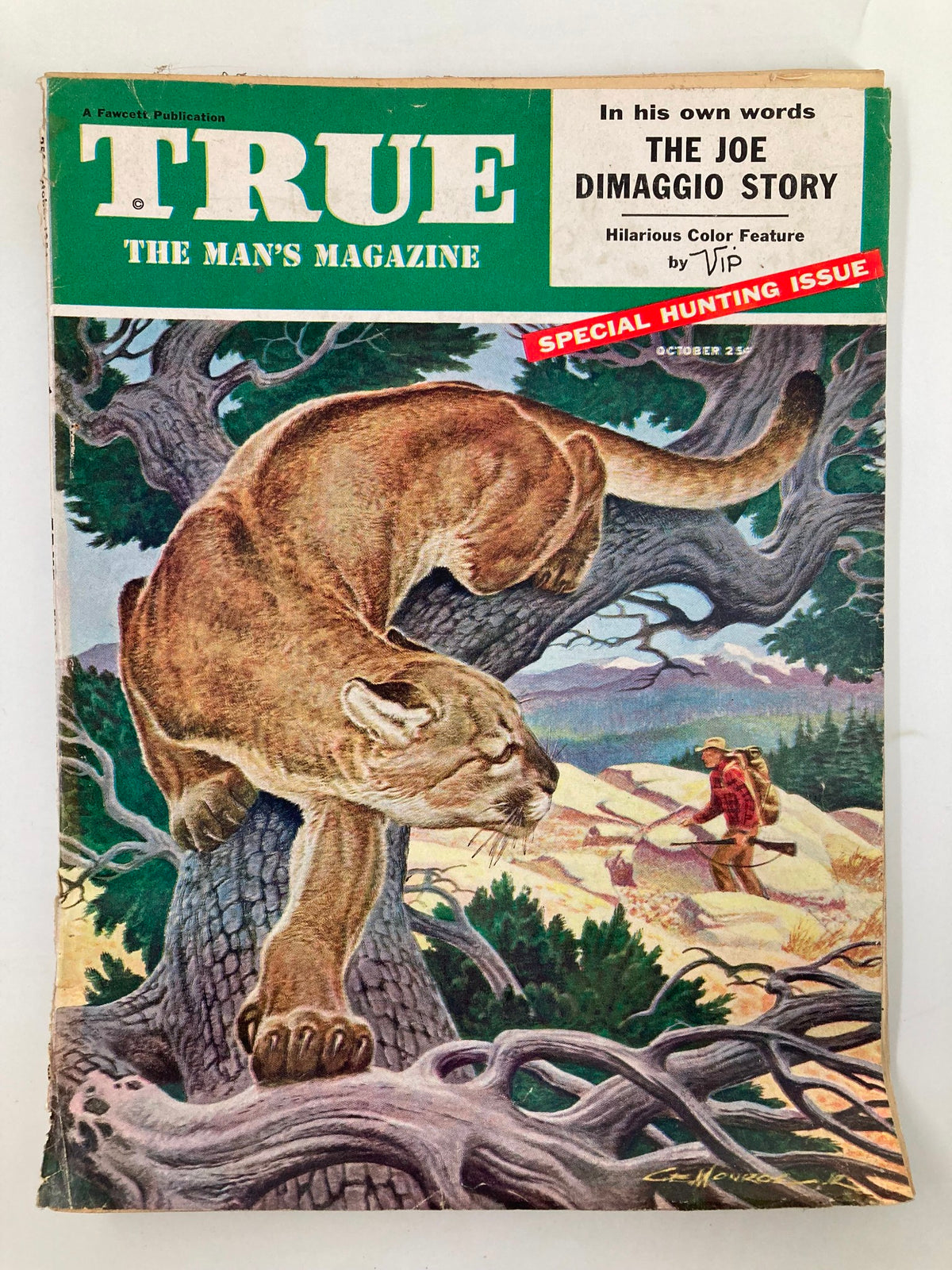 Cover of TRUE The Man's Magazine October 1954 showcasing the Joe DiMaggio story with a striking illustration featuring a mountain lion on a tree and a hunter.
