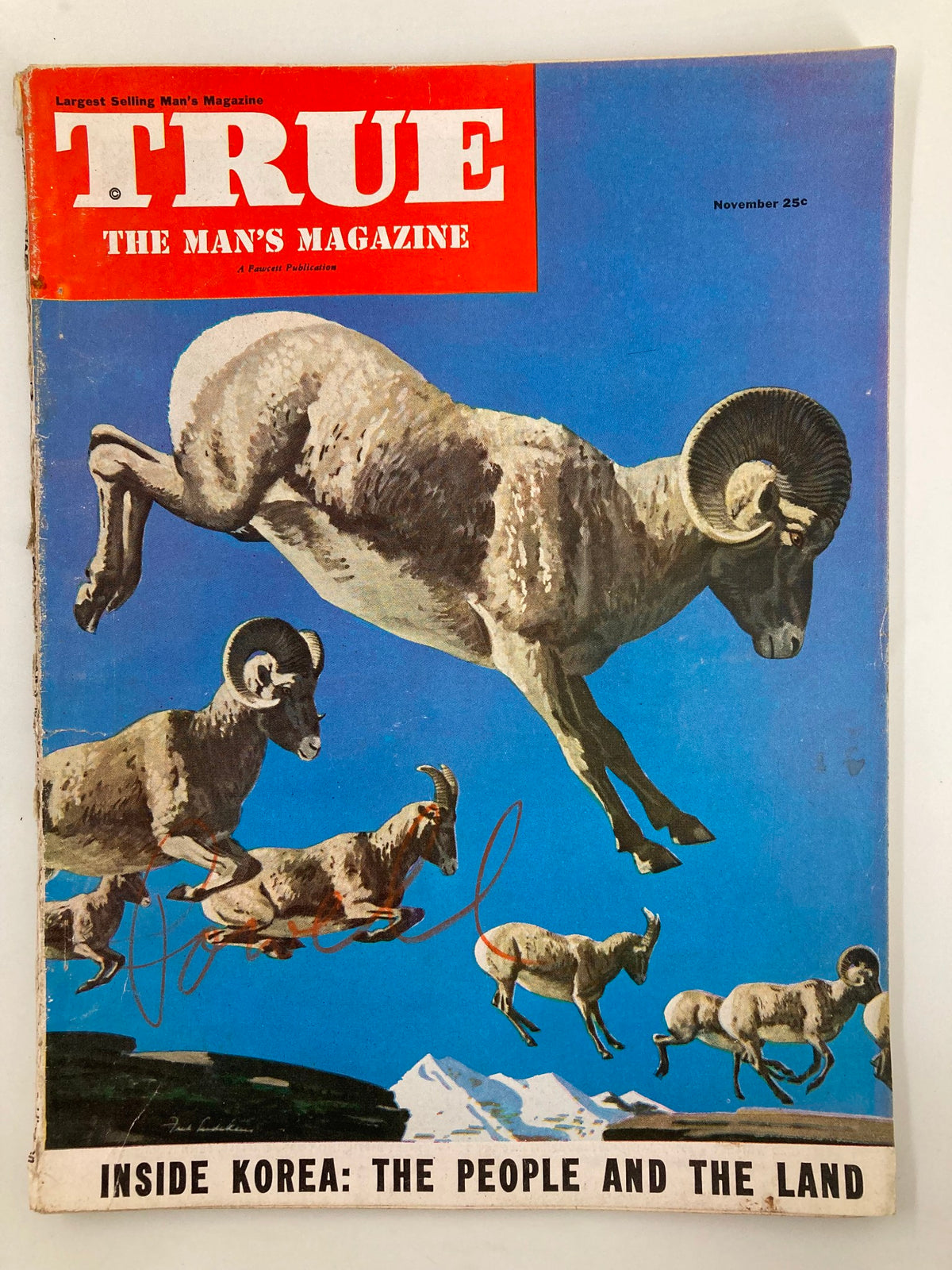 Cover of TRUE The Man's Magazine from November 1950, featuring a vibrant illustration of leaping mountain sheep against a blue background, showcasing the creative style of mid-20th century magazines.