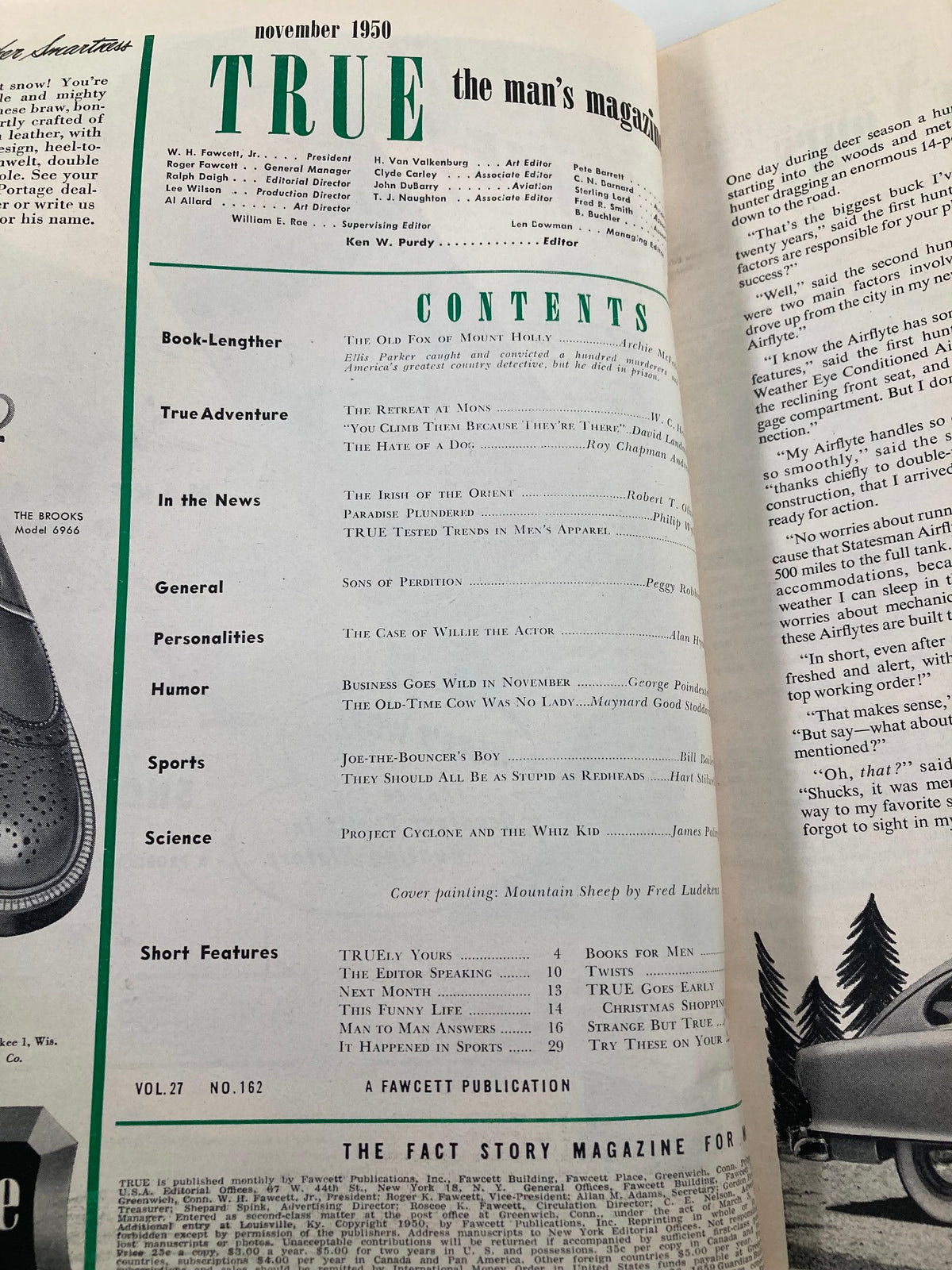 Inside page preview of TRUE The Man's Magazine, November 1950, showcasing the contents including 'The Old Fox of Mount Holly'. Features highlight articles, book-length features, and visual details characteristic of mid-20th century publications.
