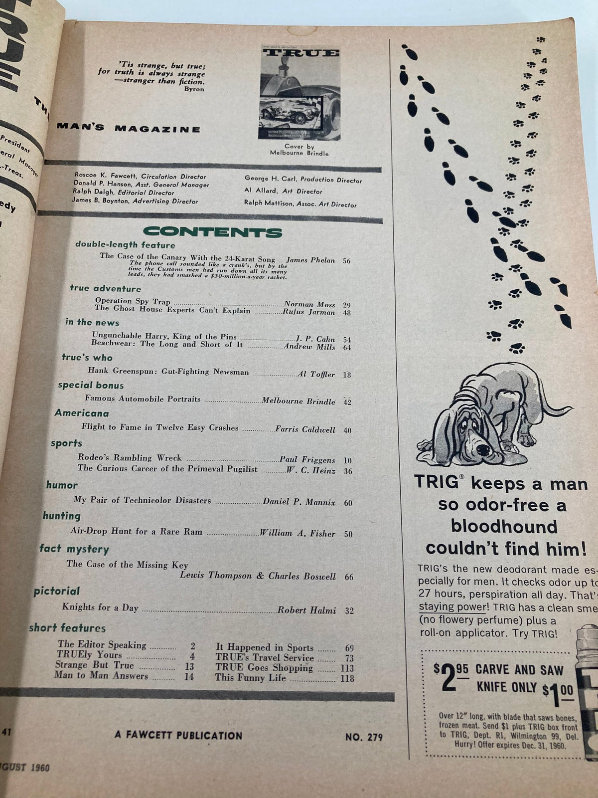 Table of contents page from TRUE The Man's Magazine, August 1960, showcasing articles including 'Ungunchable Harry, King of the Pins' and other feature stories. A valuable resource for enthusiasts of vintage publications.