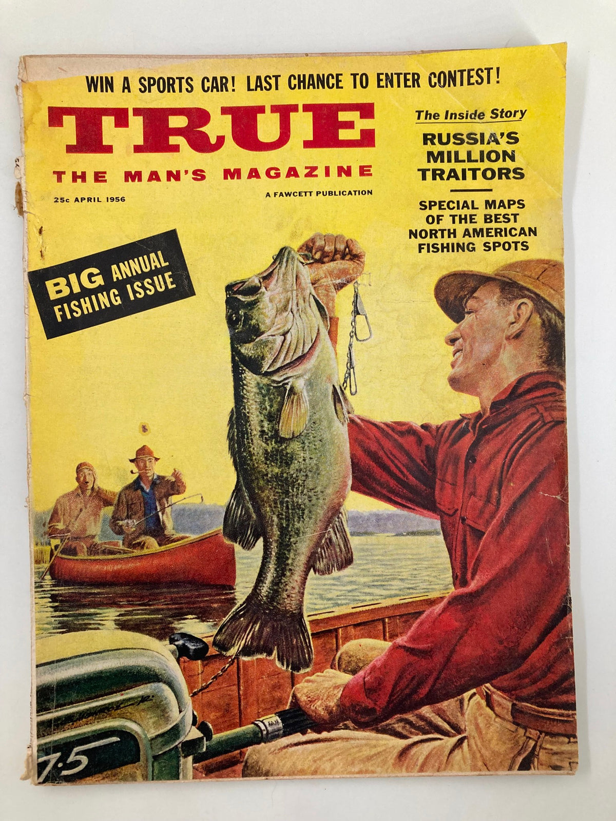TRUE The Man's Magazine April 1956 cover featuring the article 'Russia's Million Traitors' and emphasizing a big annual fishing issue with vibrant illustration of fishing.