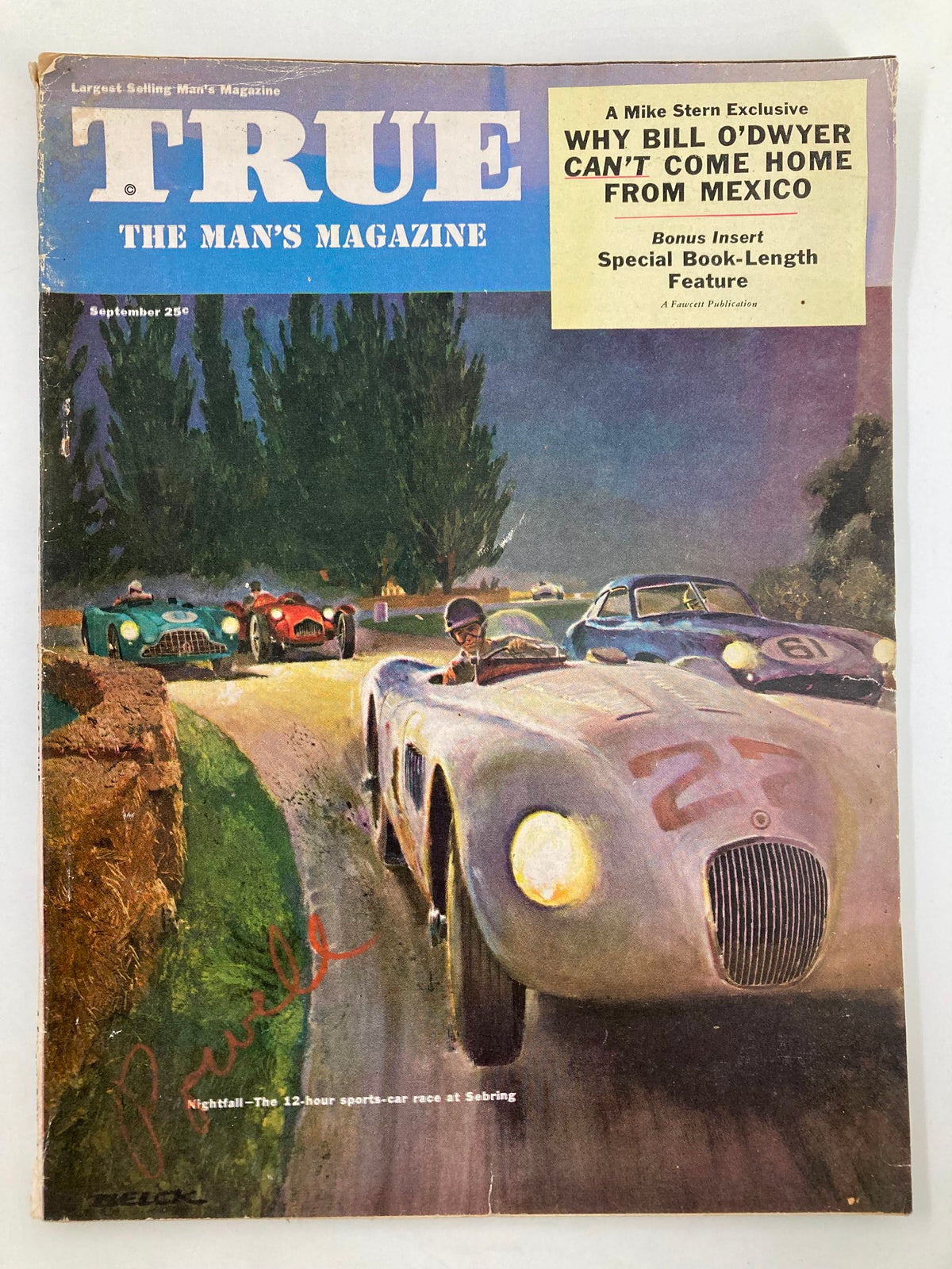 Cover of TRUE The Man's Magazine September 1953 featuring a dynamic sports car racing scene with vibrant artwork and text highlights.