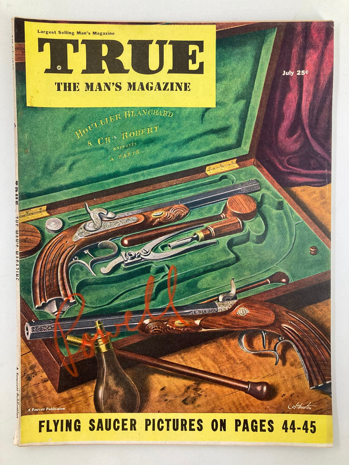 Cover of TRUE The Man's Magazine from July 1950 featuring the title, a vintage illustration of firearms on a green velvet background, and a note about flying saucer pictures on pages 44-45.